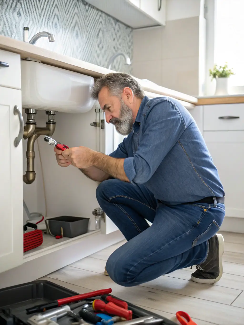 A high-quality photograph of a plumber expertly fixing a leaky faucet in a modern kitchen, showcasing precision and professionalism.