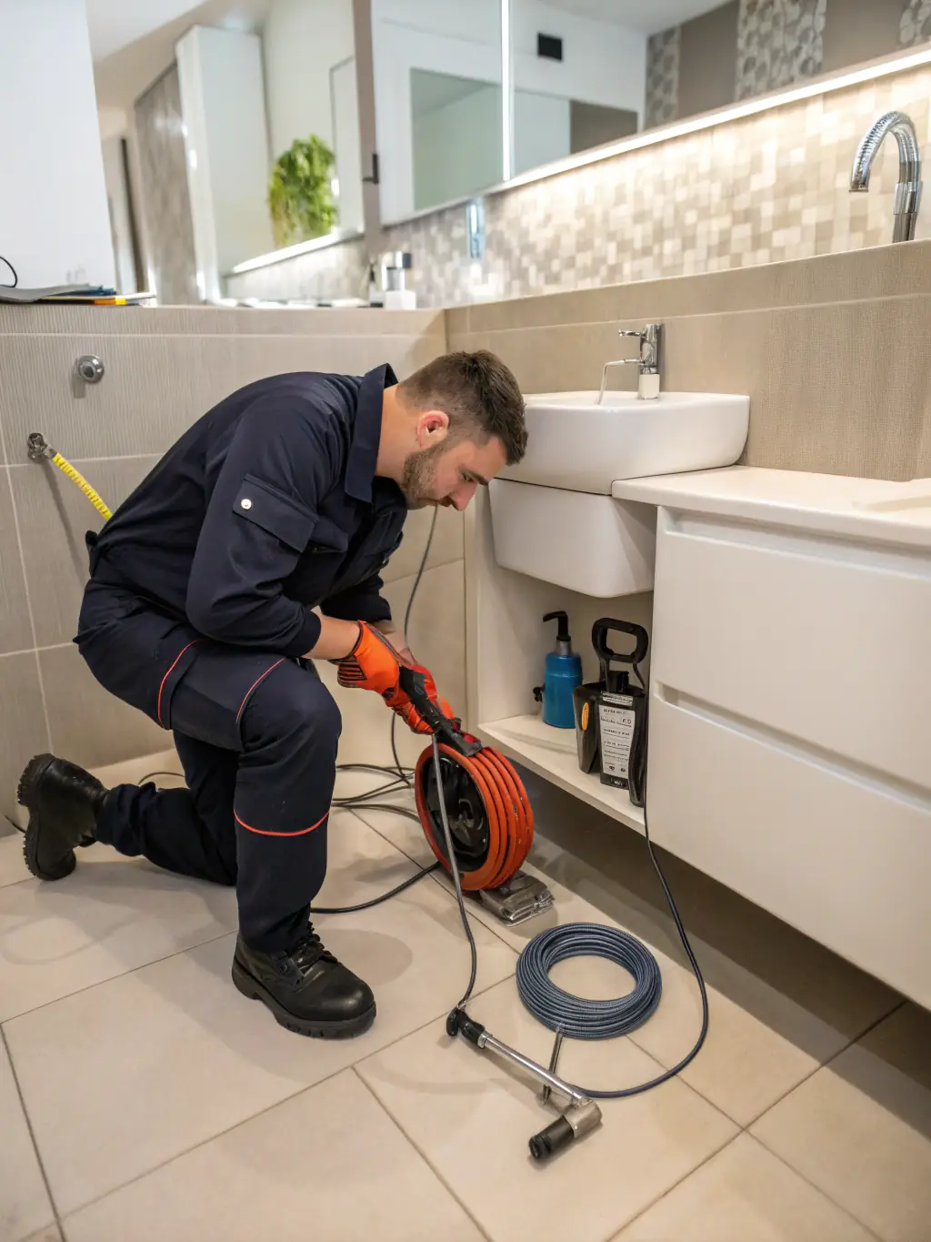 A clear image showcasing a Prime Comfort PHC team member unclogging a drain using specialized equipment. The setting is a typical bathroom, and the image emphasizes the effectiveness of the unclogging process.