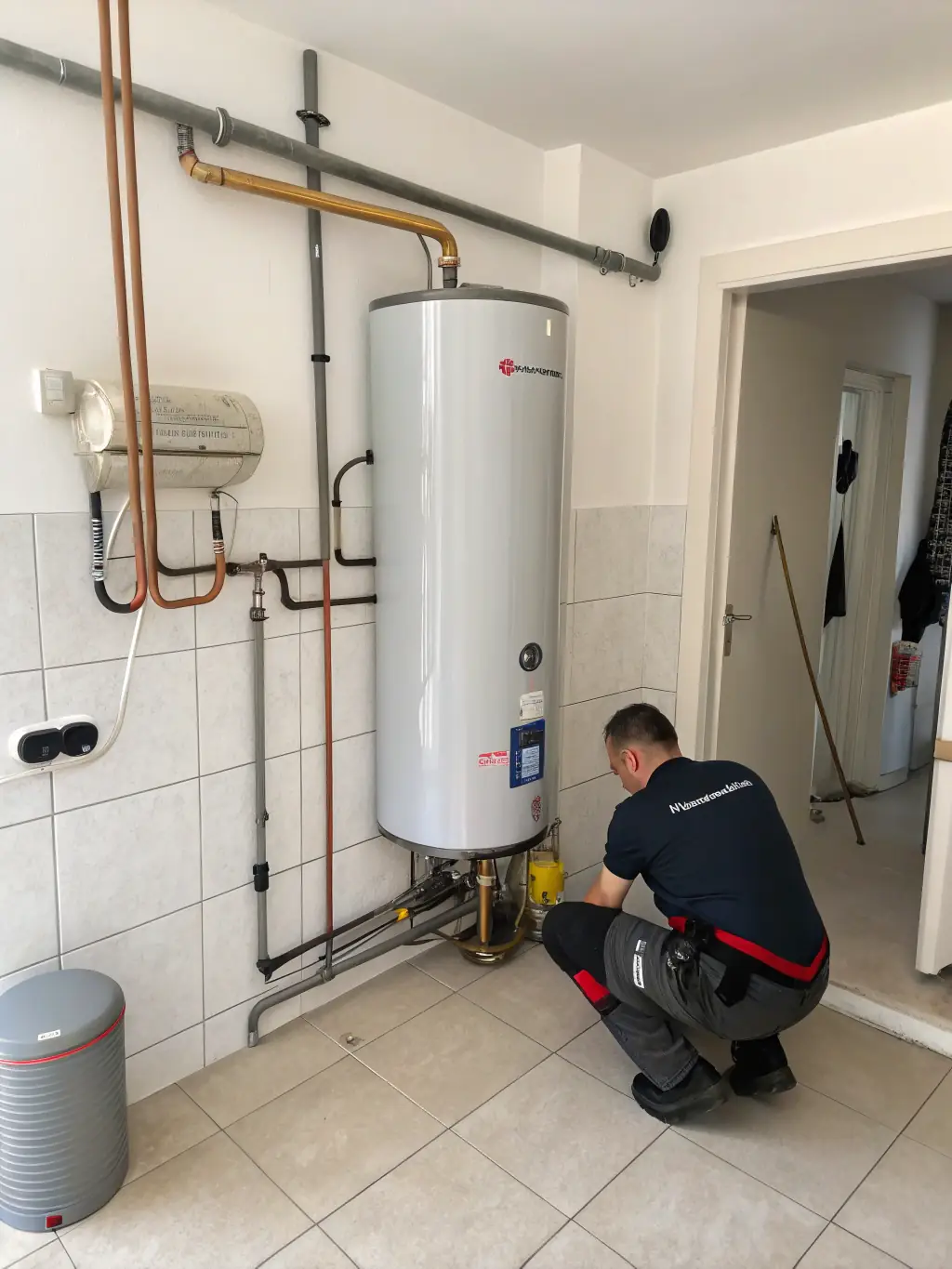 A detailed shot of a Prime Comfort PHC plumber installing a new, energy-efficient water heater in a residential basement. The focus is on the quality of the installation and the modern features of the water heater.